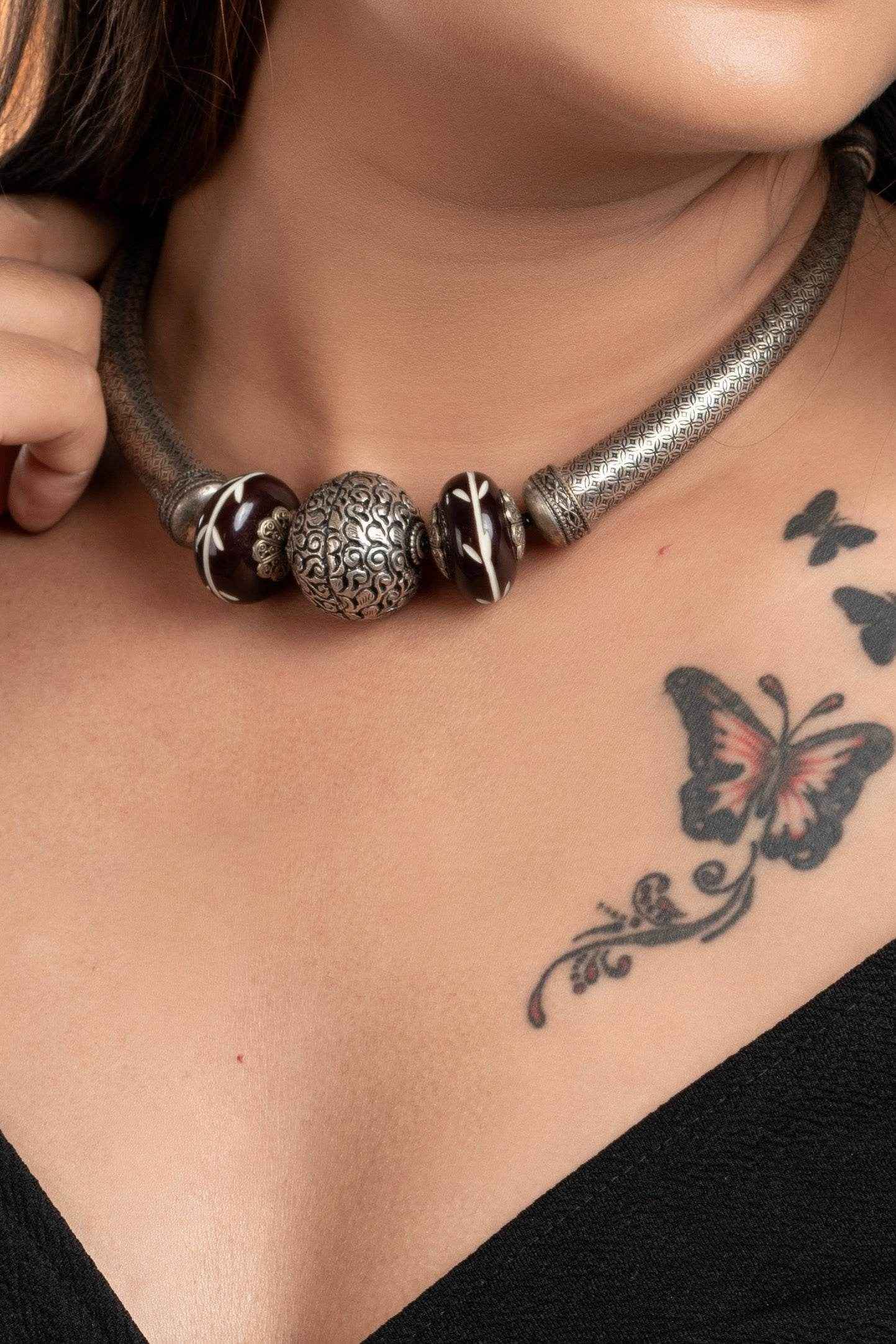 Oxidised Silver Chitai Bead Necklace with Adjustable Black Dori - Handcrafted Light Weight Design - Lookandadorn.com