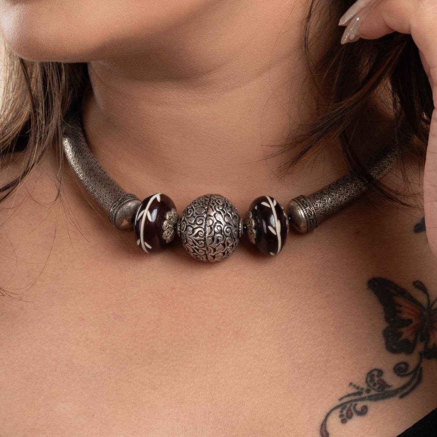 Oxidised Silver Chitai Bead Necklace with Adjustable Black Dori - Handcrafted Light Weight Design - Lookandadorn.com
