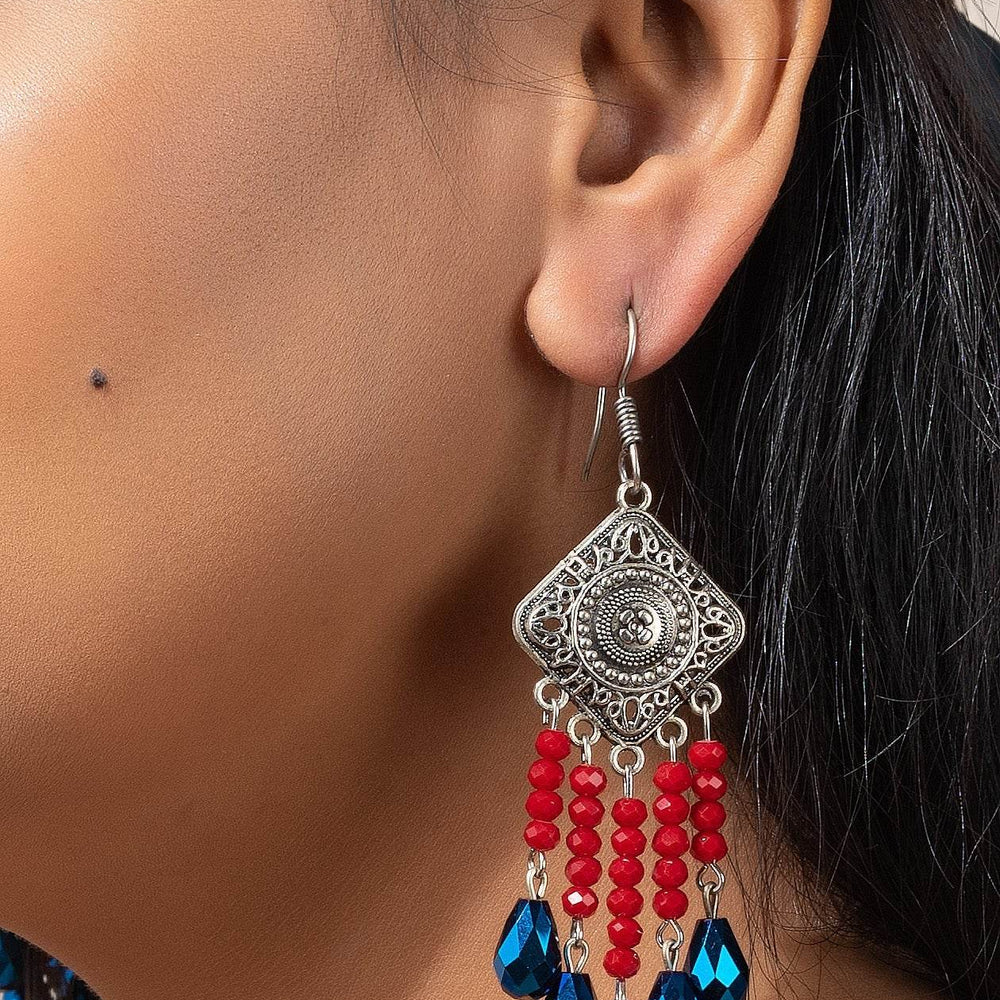 Handmade German Silver Diamond Charm with Red Blue Drop Crystal Earrings - Elegant Design - Lookandadorn.com