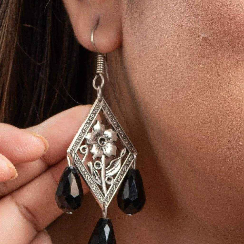 Handmade German Silver Floral with Black Drop Crystal Earrings, Non-Allergic Design for Every Occasion - Lookandadorn.com