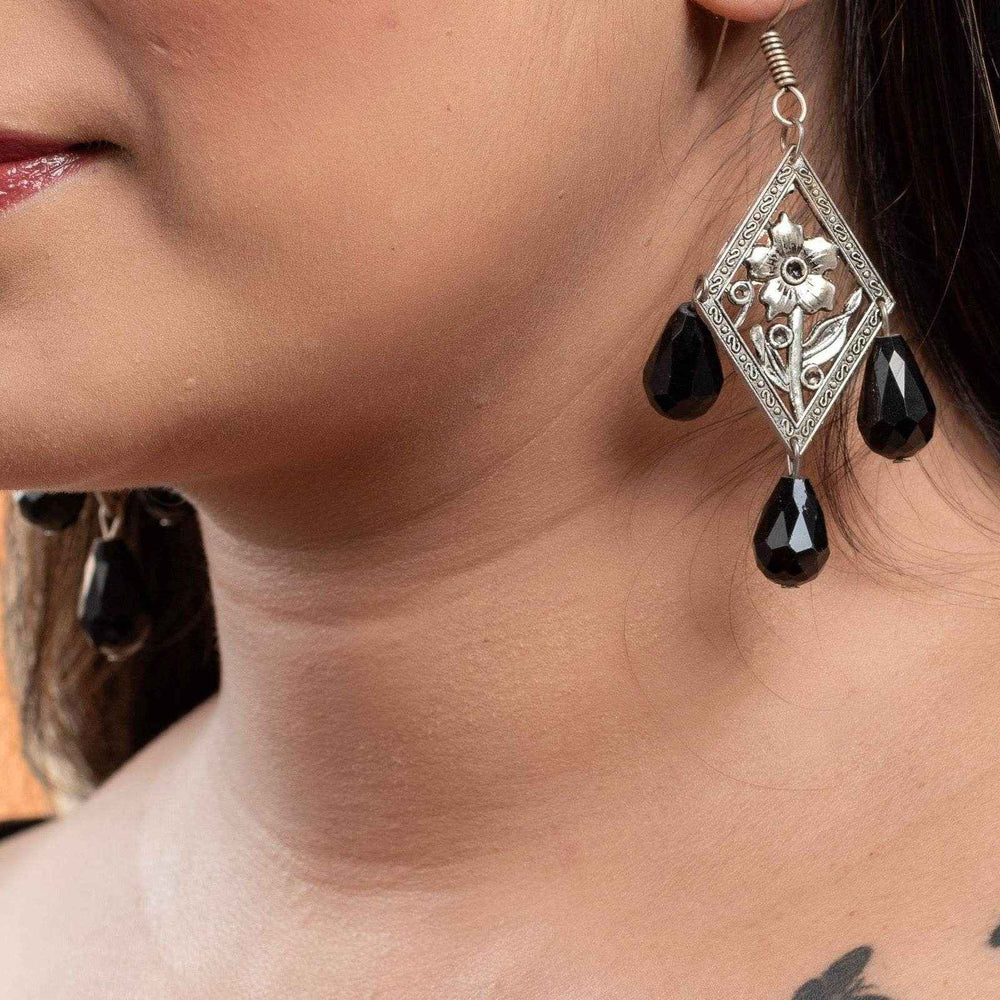 Handmade German Silver Floral with Black Drop Crystal Earrings, Non-Allergic Design for Every Occasion - Lookandadorn.com