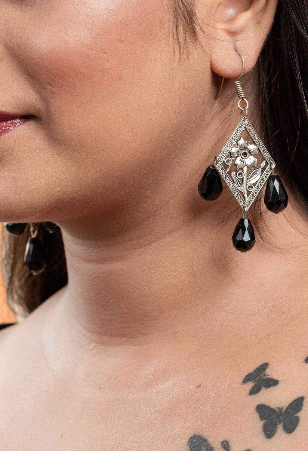 Handmade German Silver Floral with Black Drop Crystal Earrings, Non-Allergic Design for Every Occasion - Lookandadorn.com