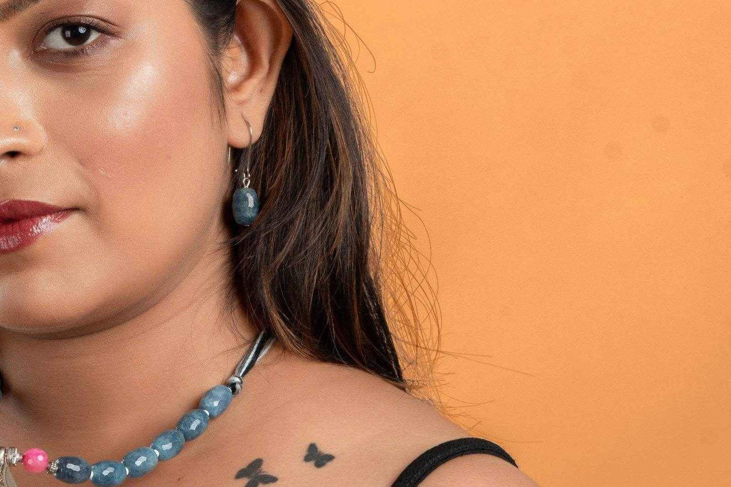 Handmade Jewelry With Pink Powder Blue Jade Stones & German Silver Ghunghroo Pendant Necklace Set with Earrings - Lookandadorn.com