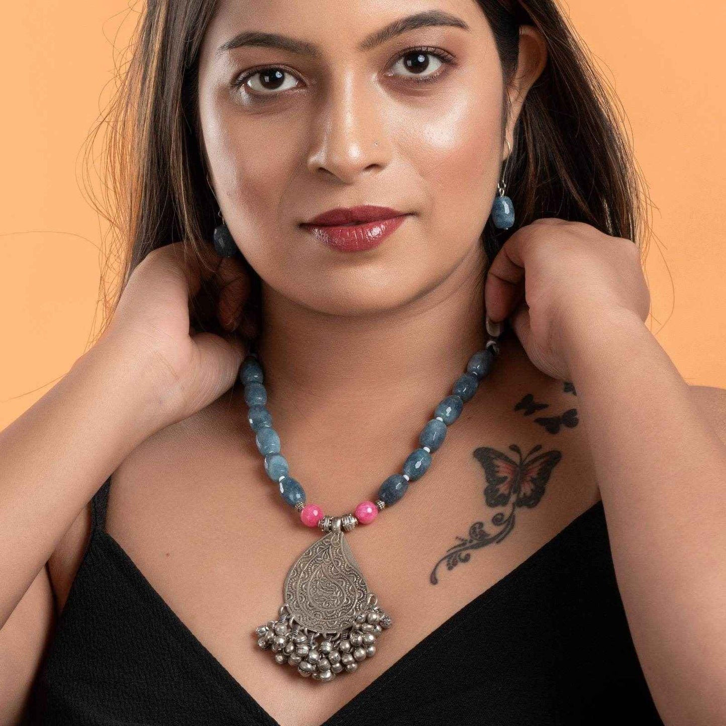 Handmade Jewelry With Pink Powder Blue Jade Stones & German Silver Ghunghroo Pendant Necklace Set with Earrings - Lookandadorn.com