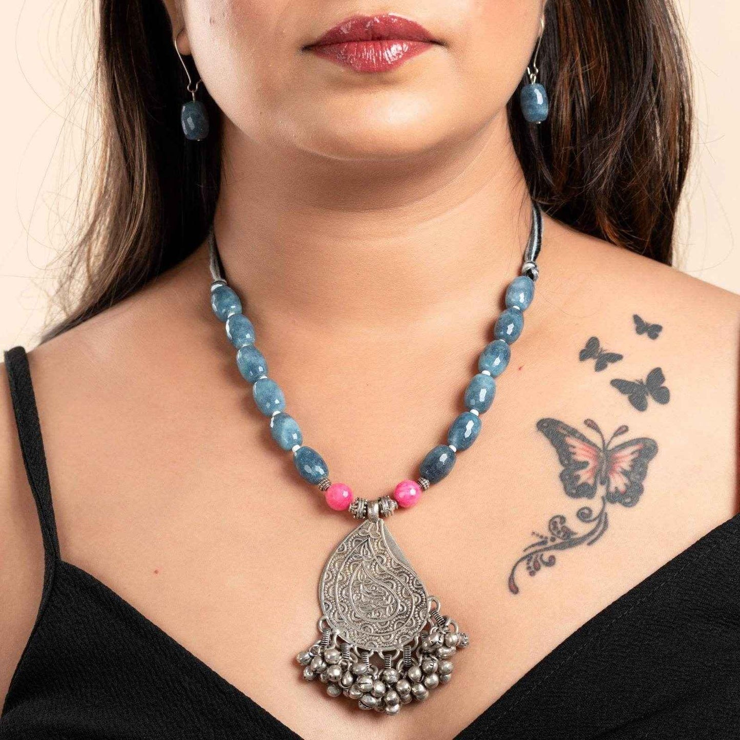 Handmade Jewelry With Pink Powder Blue Jade Stones & German Silver Ghunghroo Pendant Necklace Set with Earrings - Lookandadorn.com
