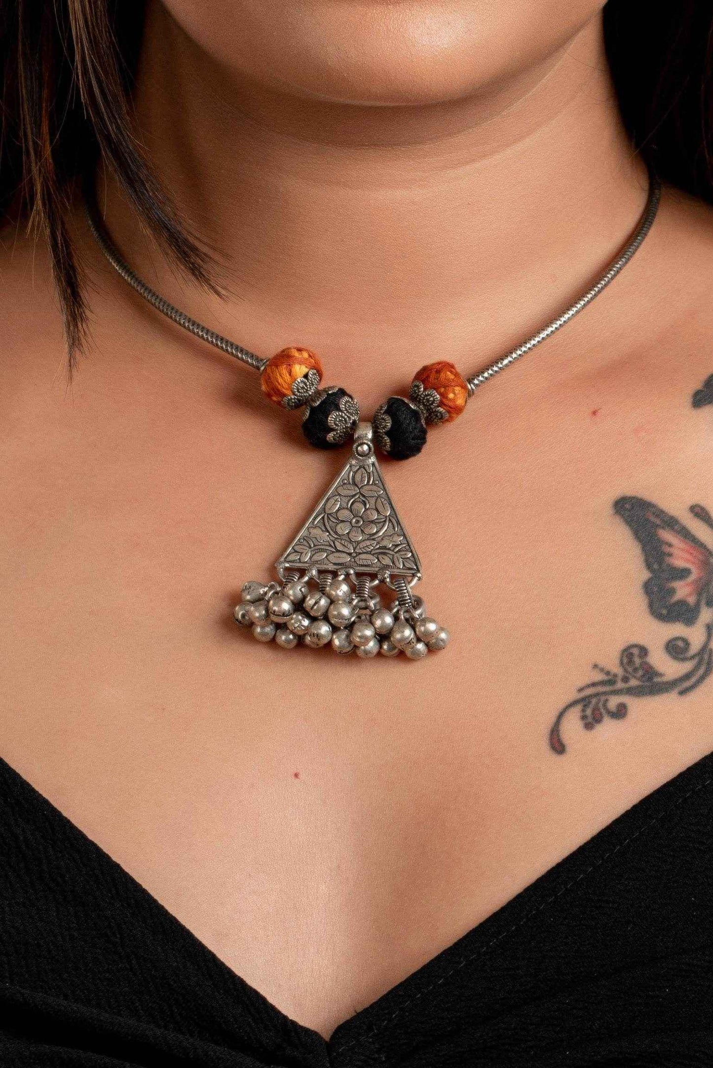 Oxidised Silver Ghungroo Pendant Necklace with Adjustable Dori and Cotton Thread Design - Lookandadorn.com