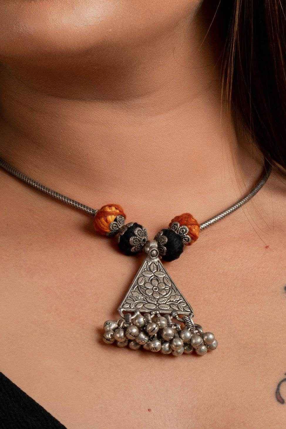 Oxidised Silver Ghungroo Pendant Necklace with Adjustable Dori and Cotton Thread Design - Lookandadorn.com