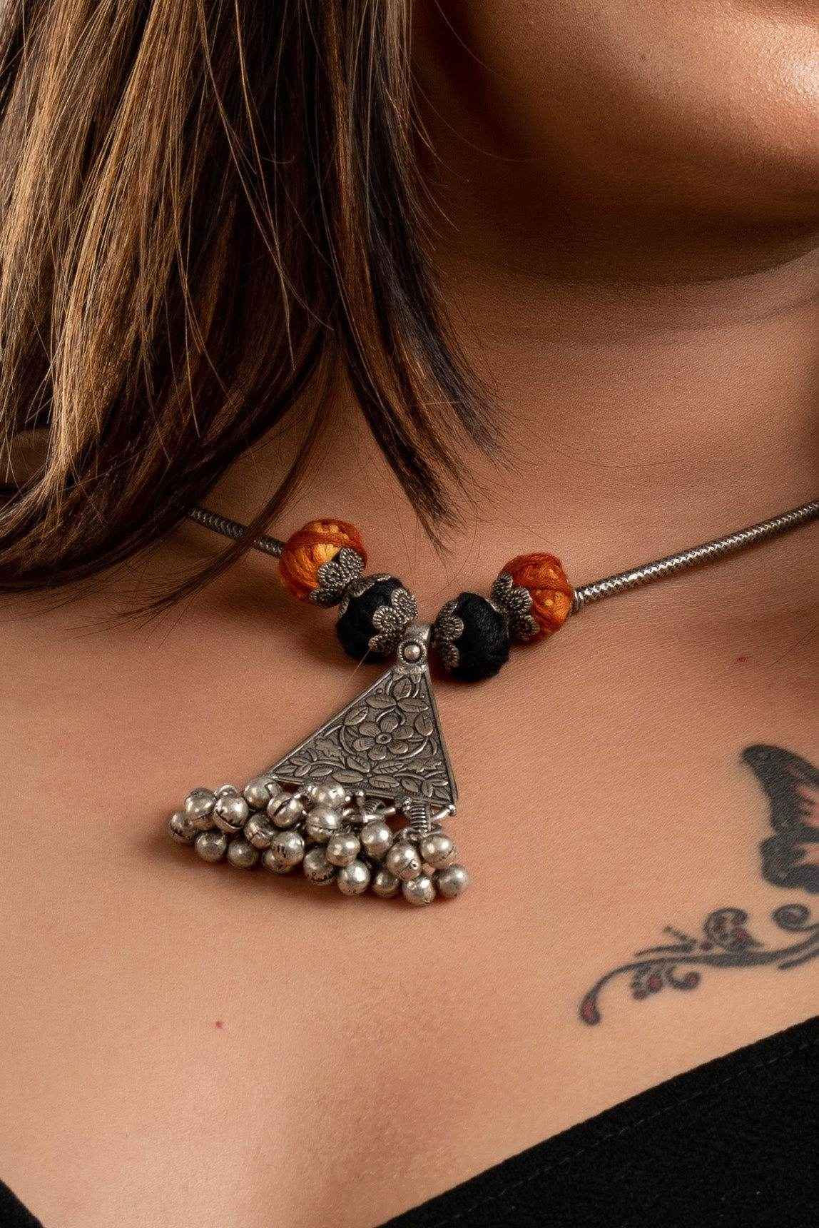 Oxidised Silver Ghungroo Pendant Necklace with Adjustable Dori and Cotton Thread Design - Lookandadorn.com