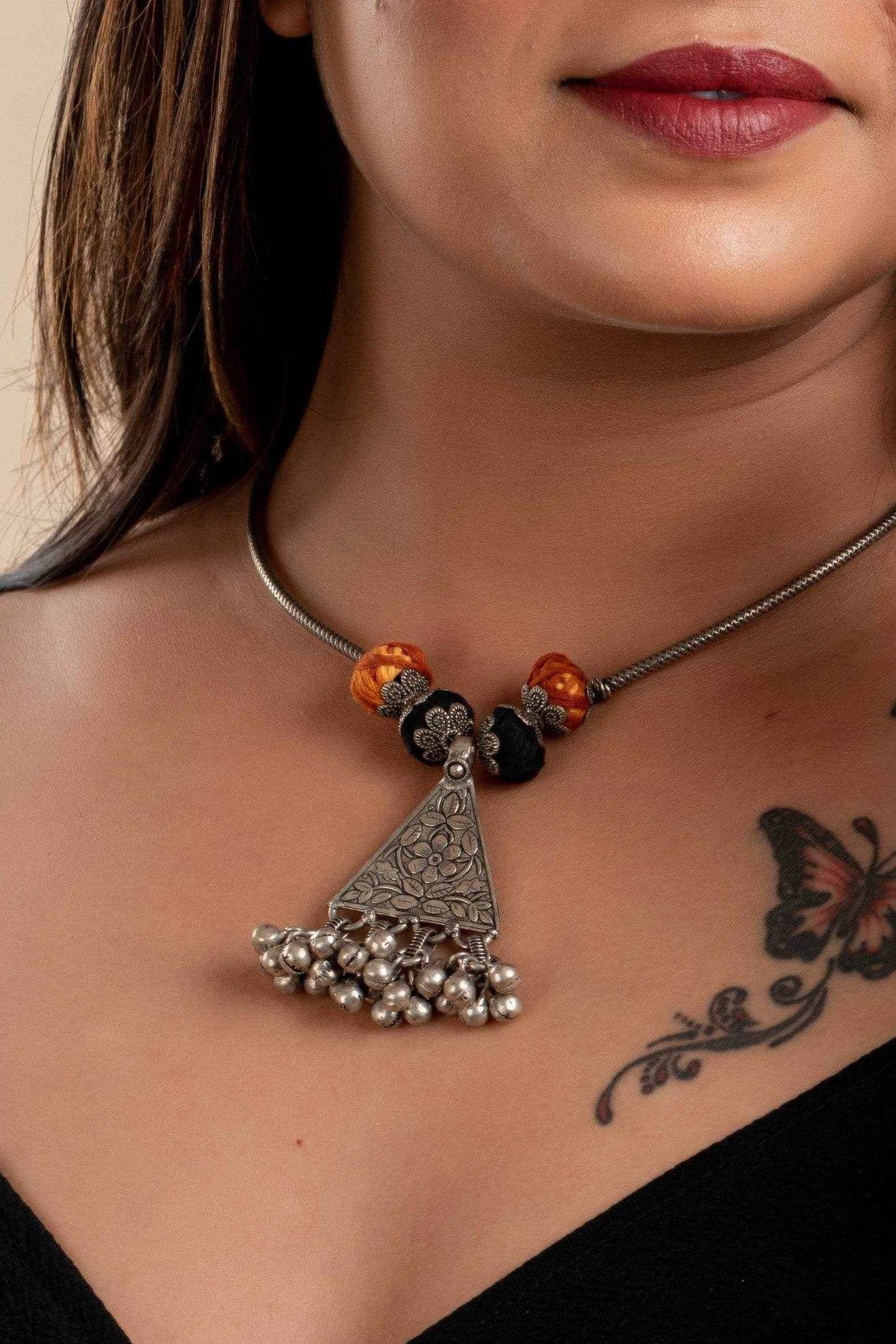 Oxidised Silver Ghungroo Pendant Necklace with Adjustable Dori and Cotton Thread Design - Lookandadorn.com
