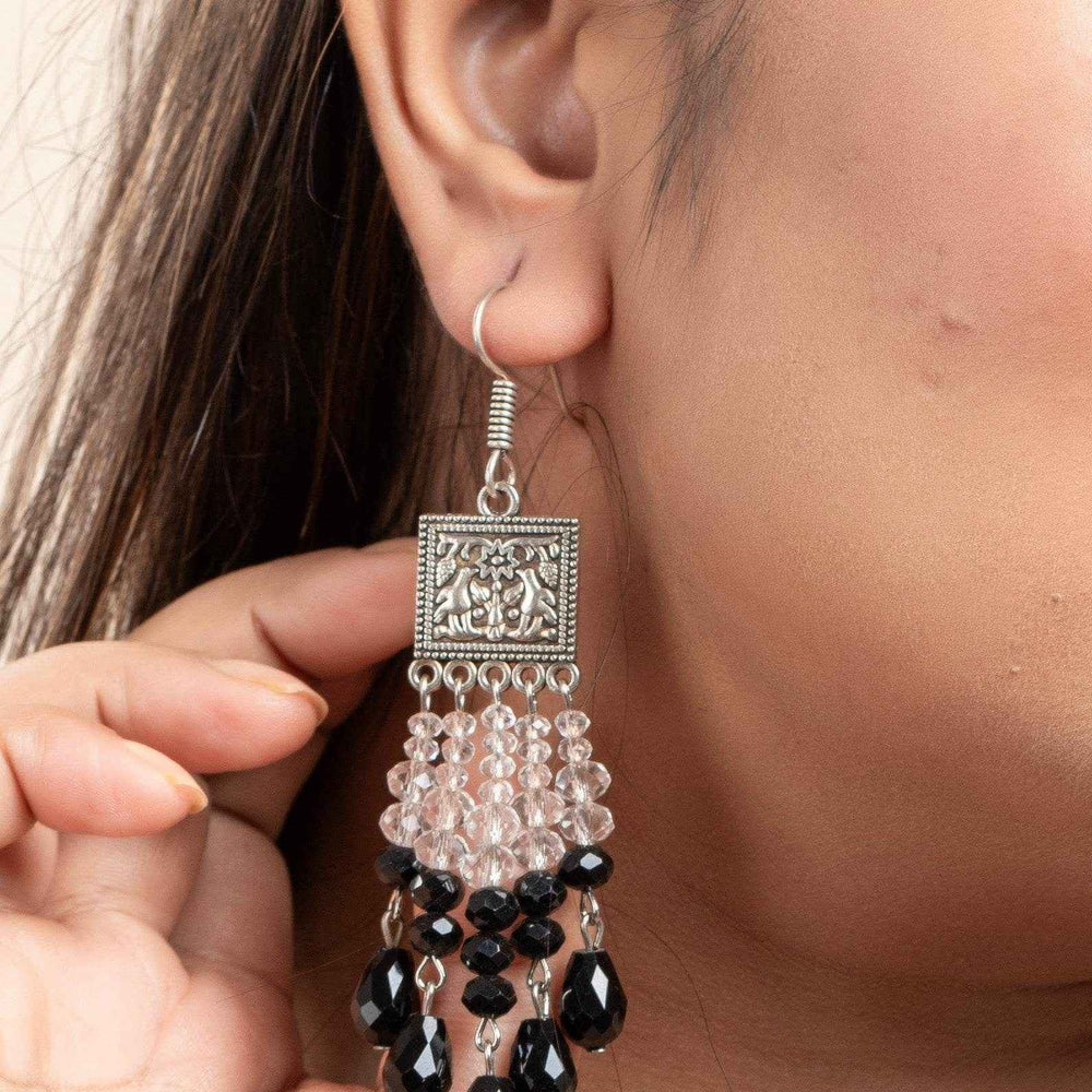 Handmade Crystal Earrings - German Silver Square Charm Design with White & Black Drop Crystals - Lookandadorn.com