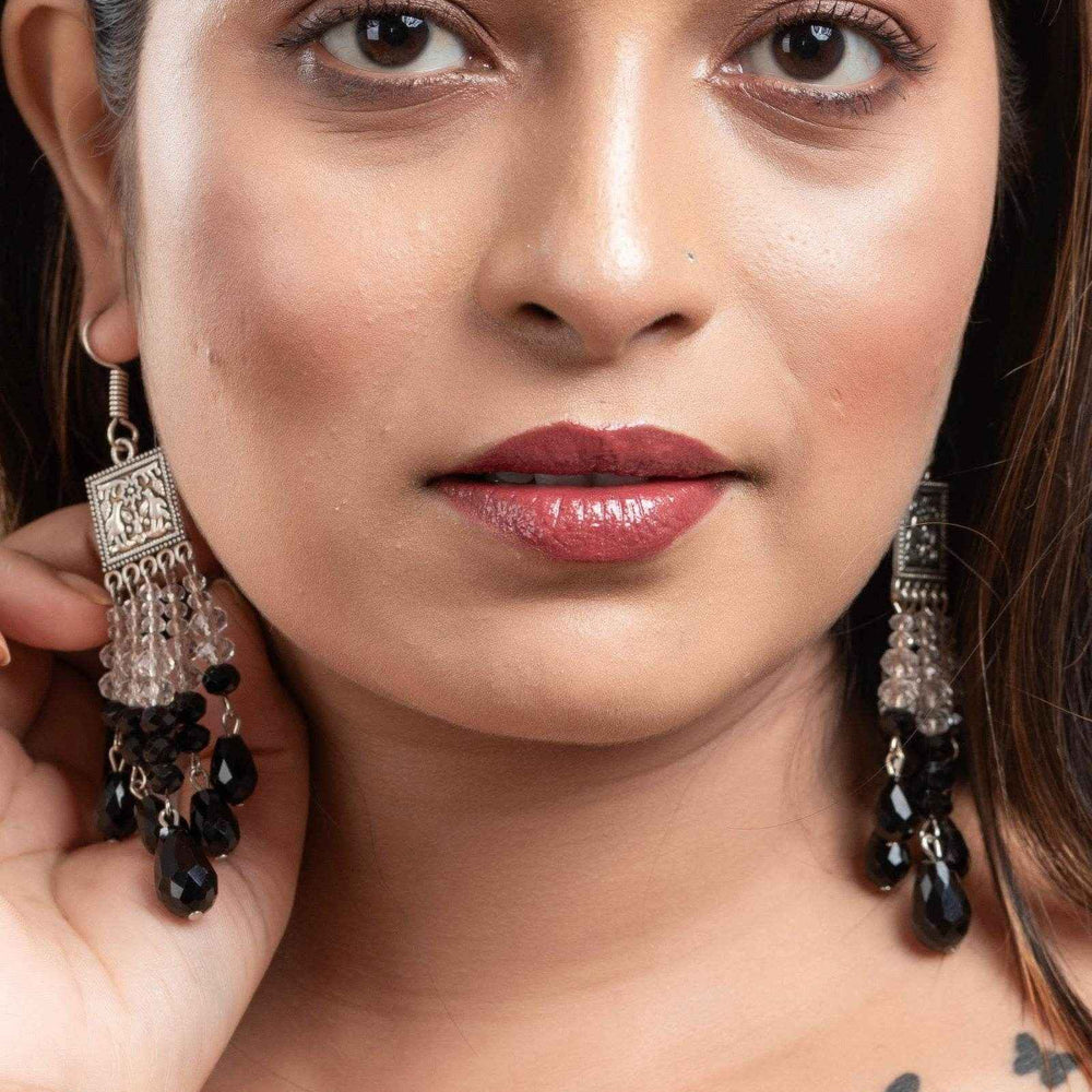 Handmade Crystal Earrings - German Silver Square Charm Design with White & Black Drop Crystals - Lookandadorn.com