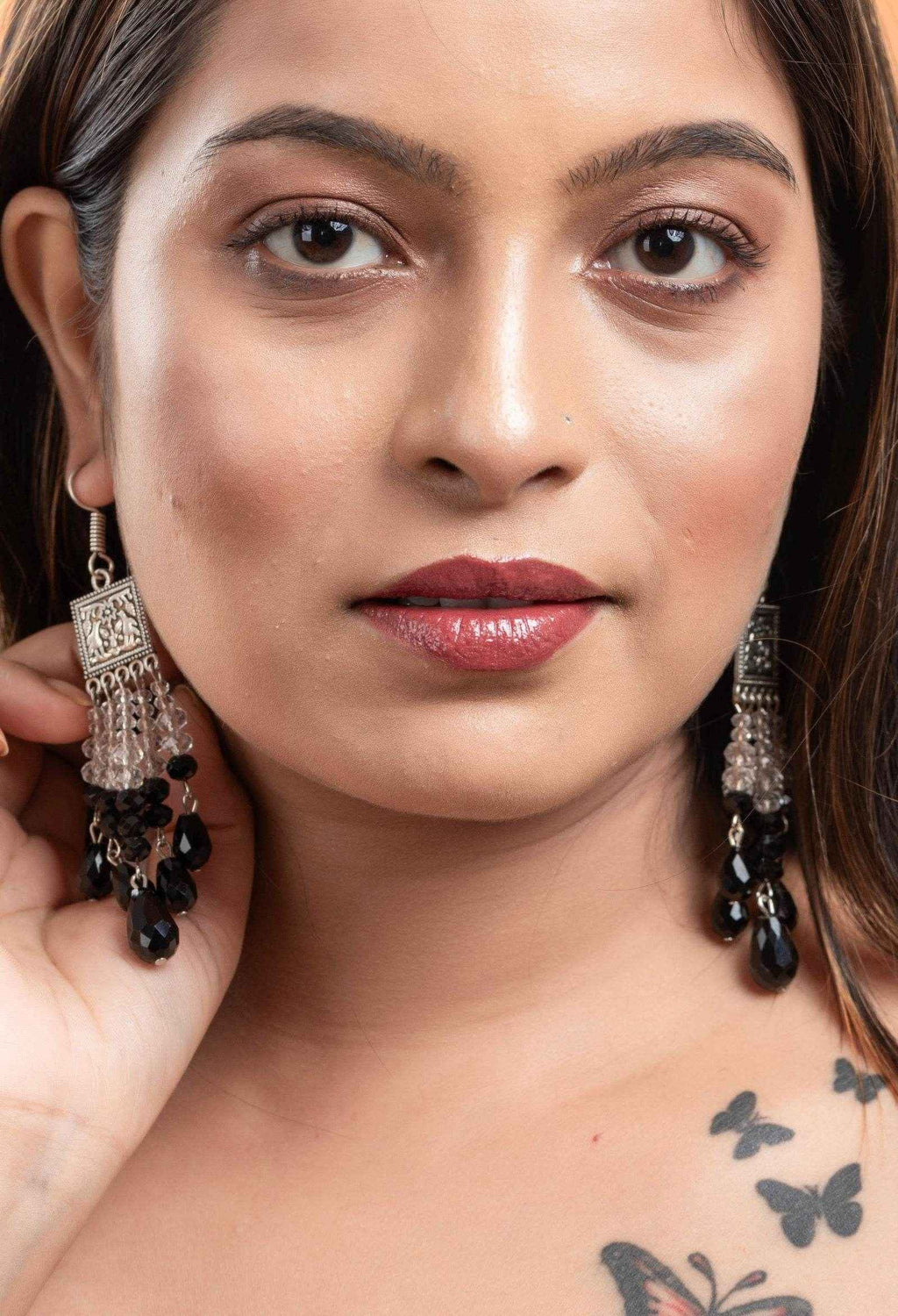 Handmade Crystal Earrings - German Silver Square Charm Design with White & Black Drop Crystals - Lookandadorn.com