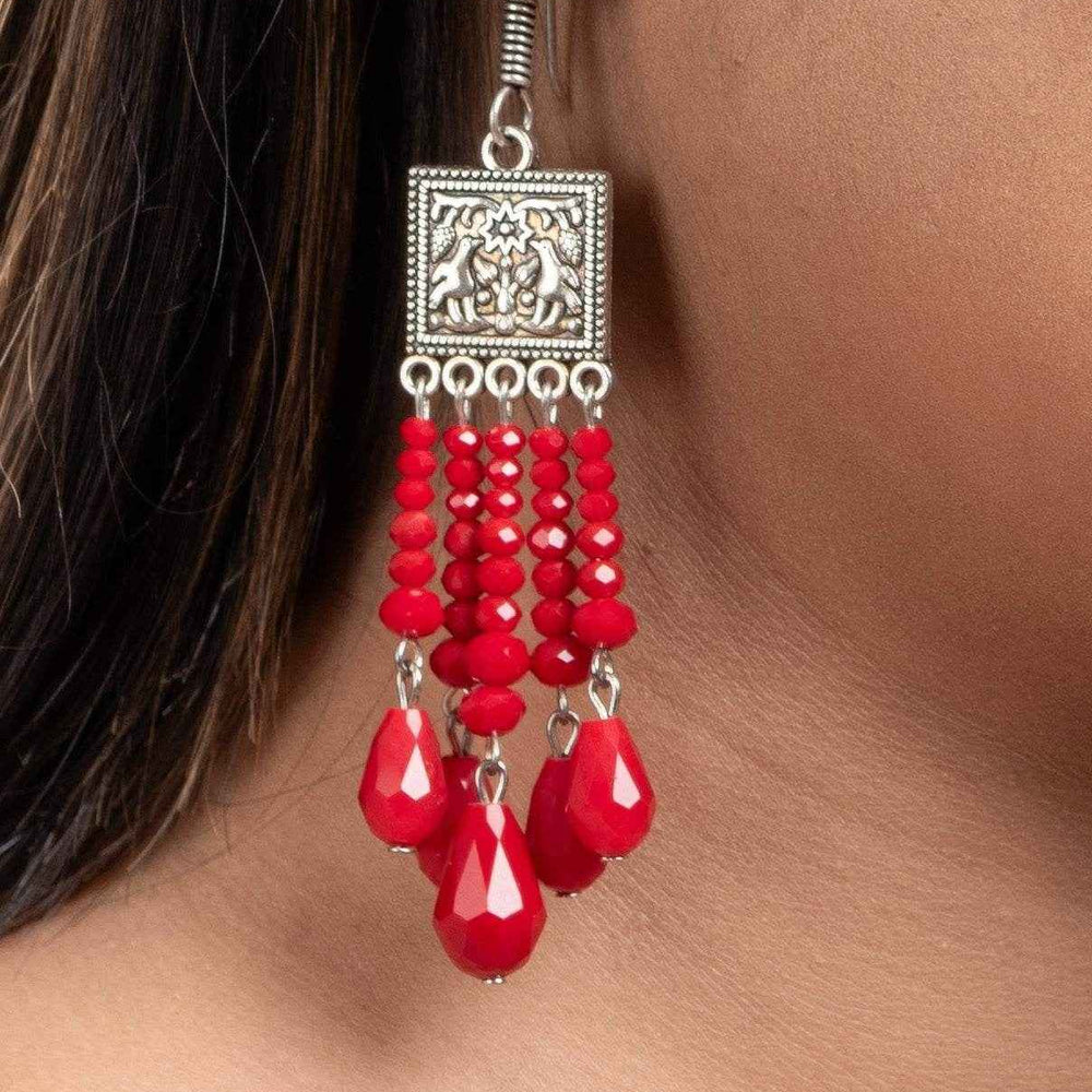 Handmade Oxidised Silver Red Crystal Drop Earrings in Elegant Square Charm Design for All Occasions - Lookandadorn.com