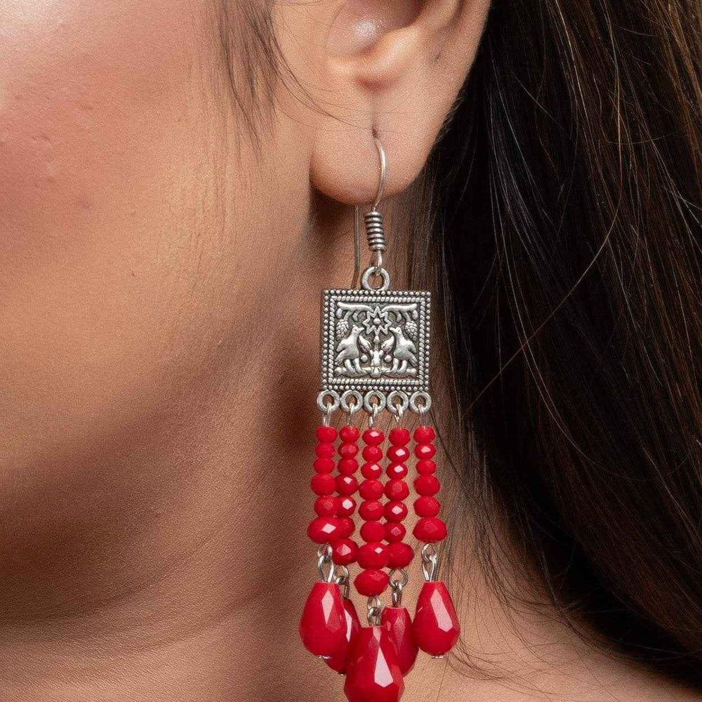 Handmade Oxidised Silver Red Crystal Drop Earrings in Elegant Square Charm Design for All Occasions - Lookandadorn.com
