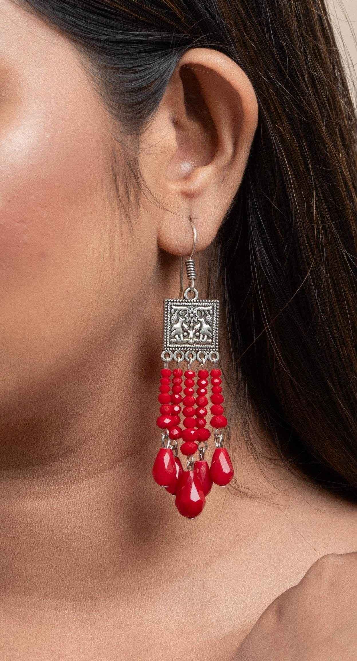 Handmade Oxidised Silver Red Crystal Drop Earrings in Elegant Square Charm Design for All Occasions - Lookandadorn.com