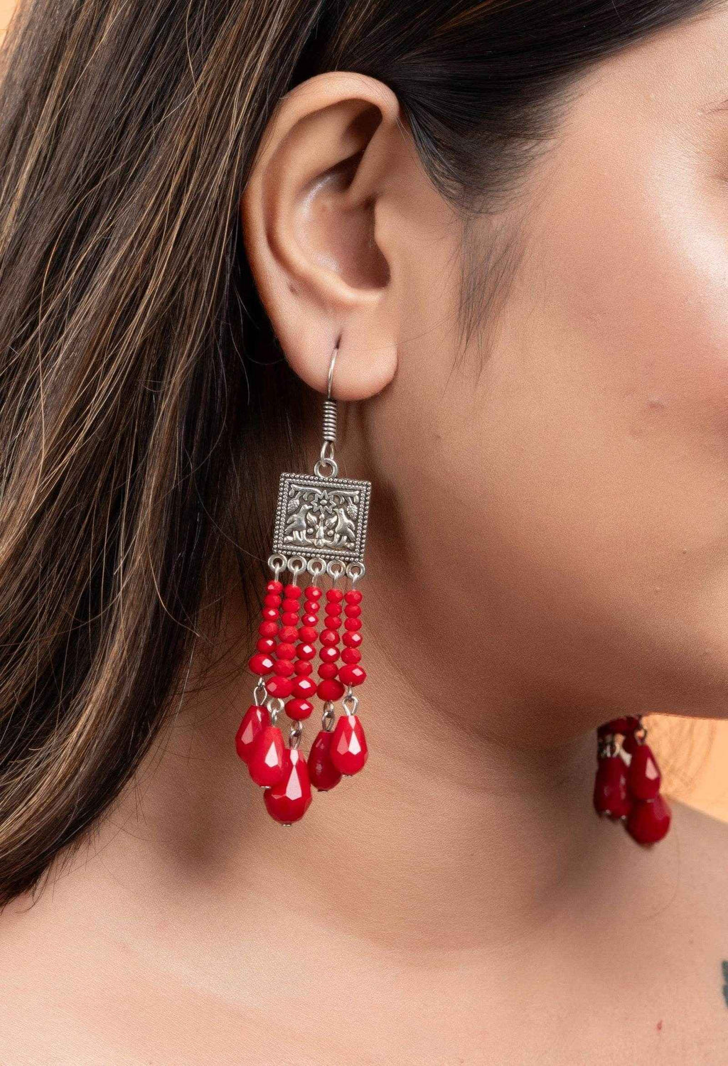 Handmade Oxidised Silver Red Crystal Drop Earrings in Elegant Square Charm Design for All Occasions - Lookandadorn.com