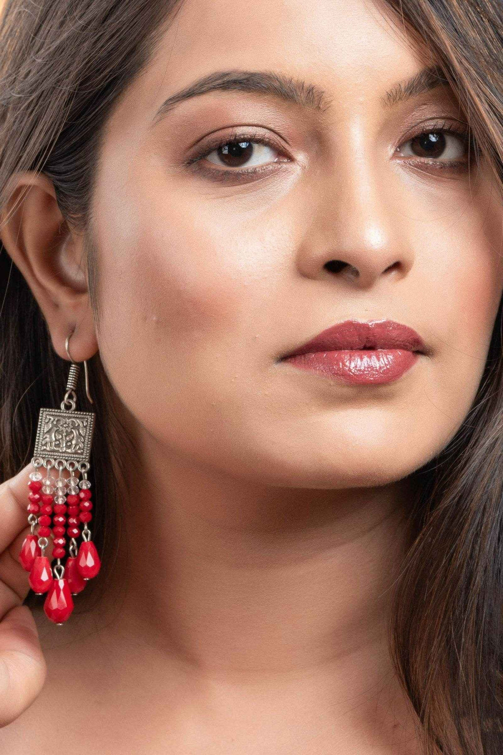 Handmade Oxidised Silver Red Crystal Drop Earrings in Elegant Square Charm Design for All Occasions - Lookandadorn.com