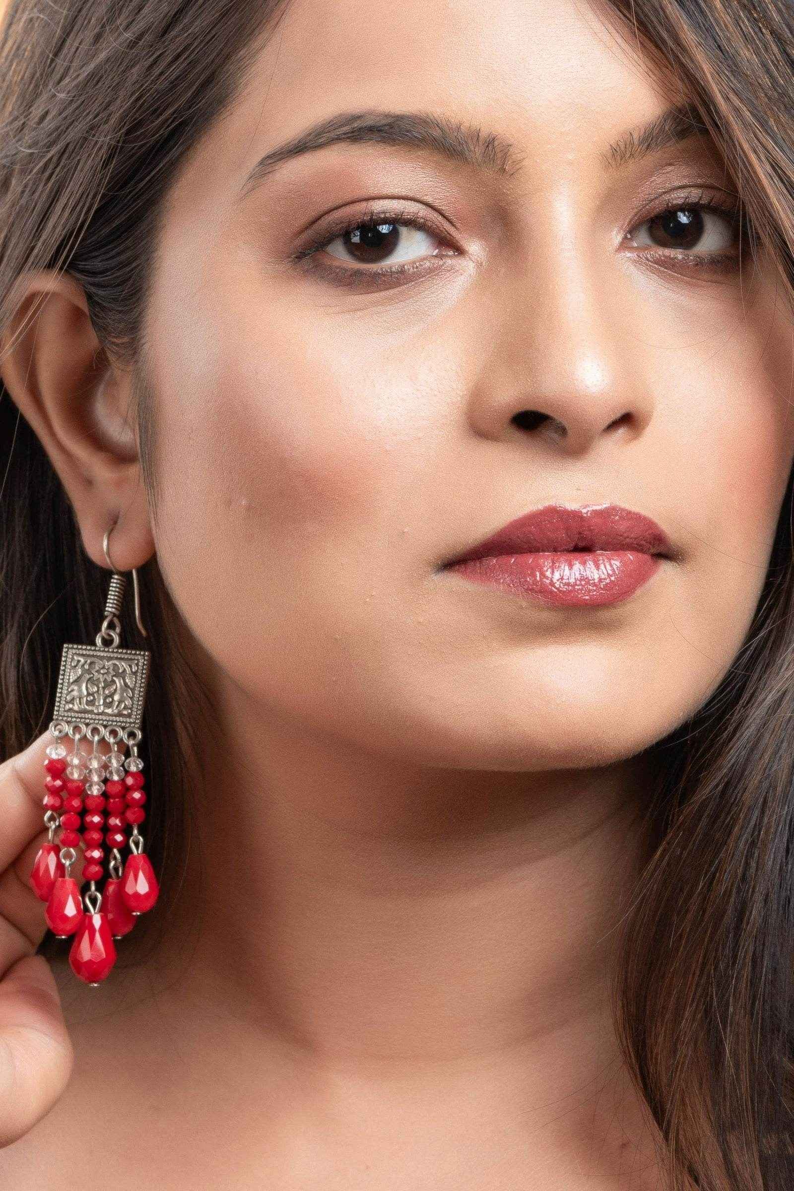 Handmade Oxidised Silver Red Crystal Drop Earrings in Elegant Square Charm Design for All Occasions - Lookandadorn.com