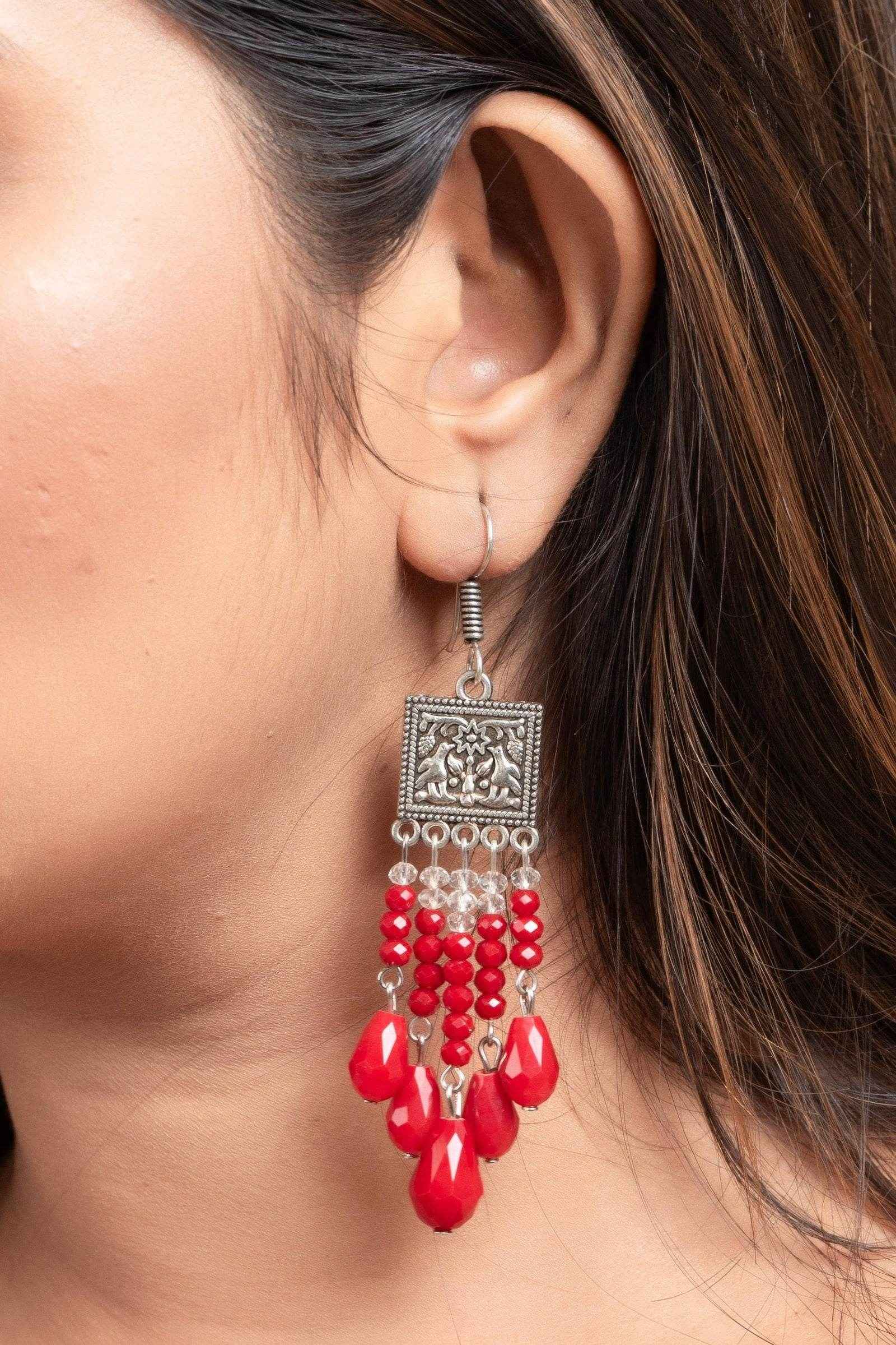 Handmade Oxidised Silver Red Crystal Drop Earrings in Elegant Square Charm Design for All Occasions - Lookandadorn.com