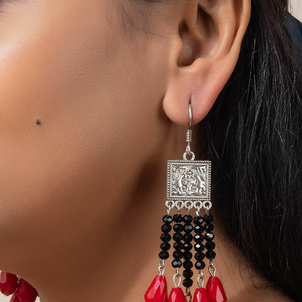 Handmade German Silver Square Charm with Black and Red Drop Crystal Earrings, Non-Allergic - Lookandadorn.com