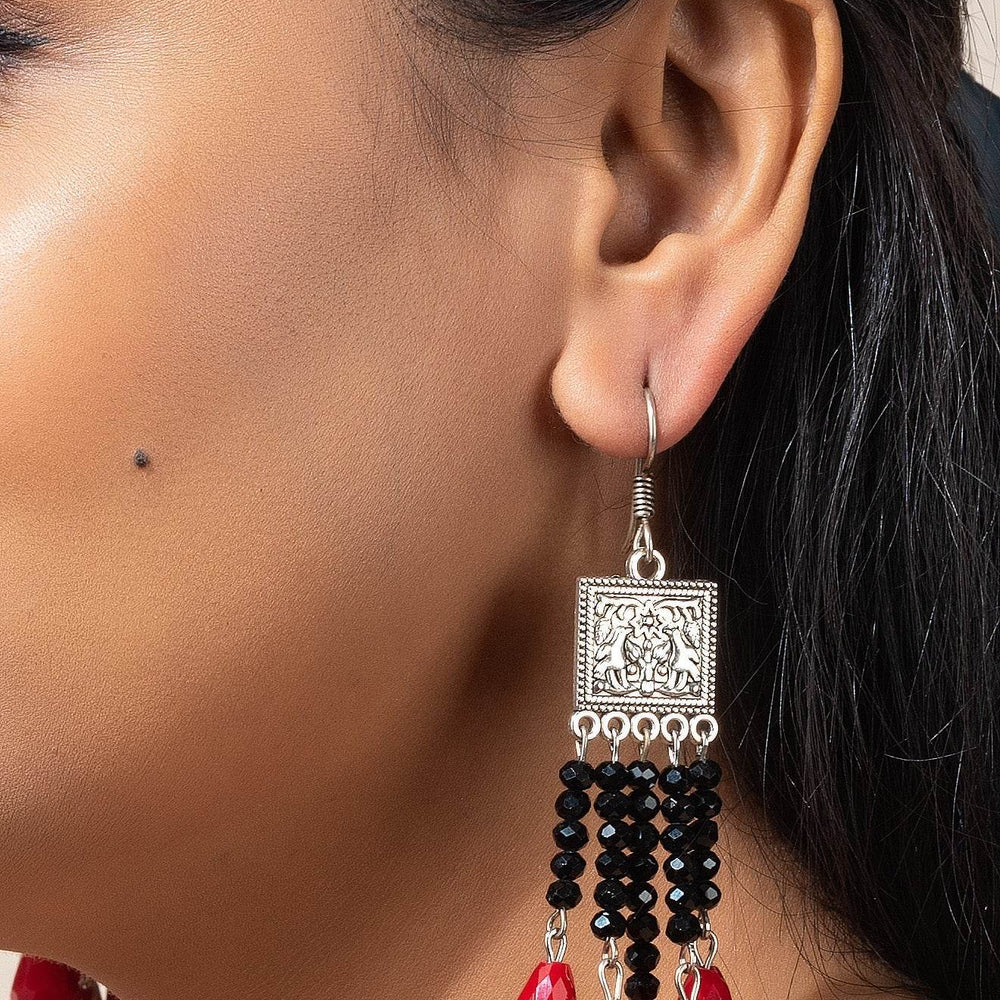 Handmade German Silver Square Charm with Black and Red Drop Crystal Earrings, Non-Allergic - Lookandadorn.com