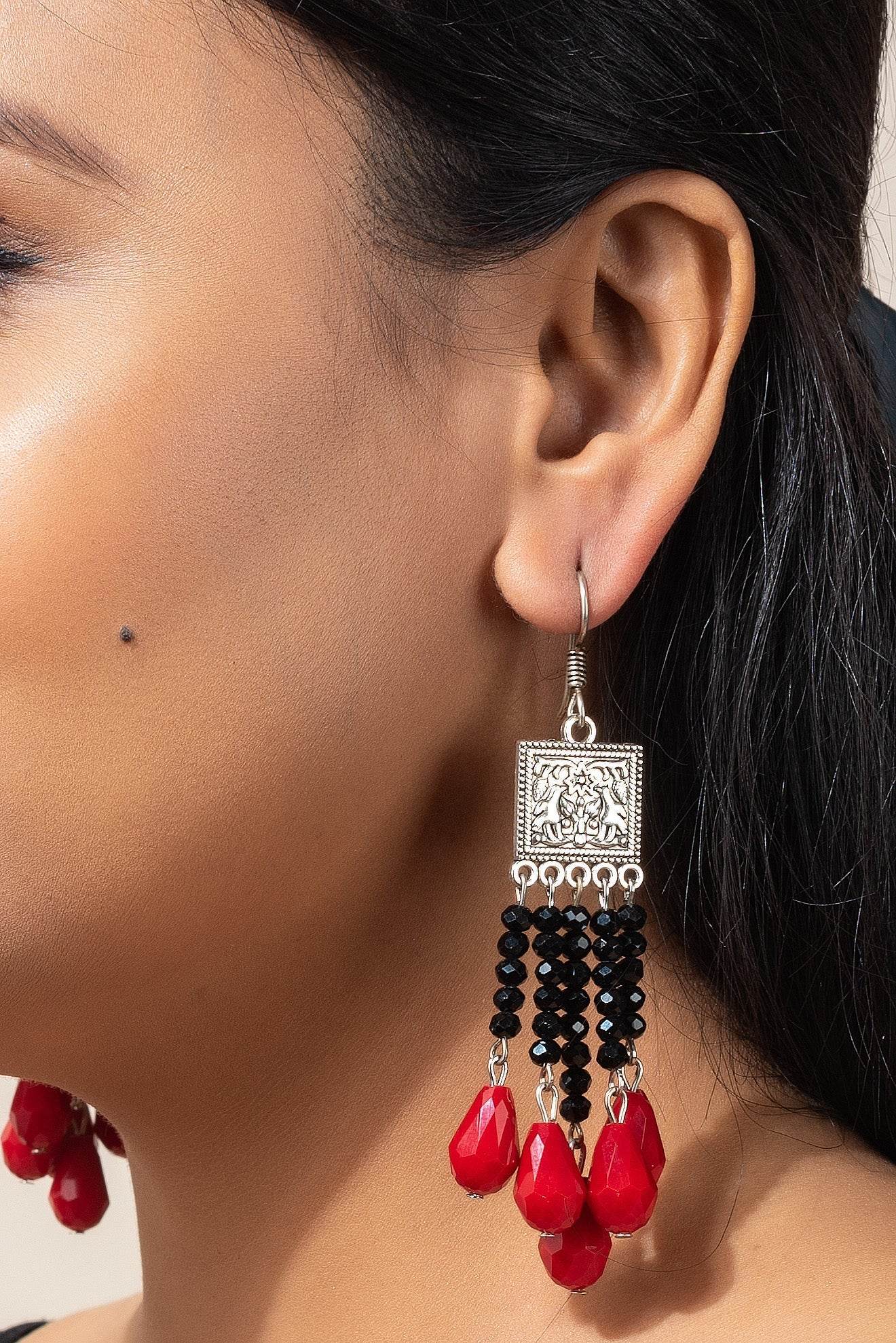 Handmade German Silver Square Charm with Black and Red Drop Crystal Earrings, Non-Allergic - Lookandadorn.com