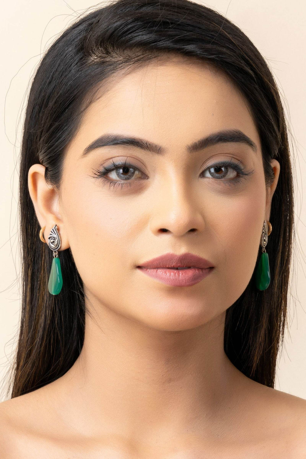 Oxidized German Silver Peacock Stud Green Semi Precious Agate Drop Earrings - Lookandadorn.com