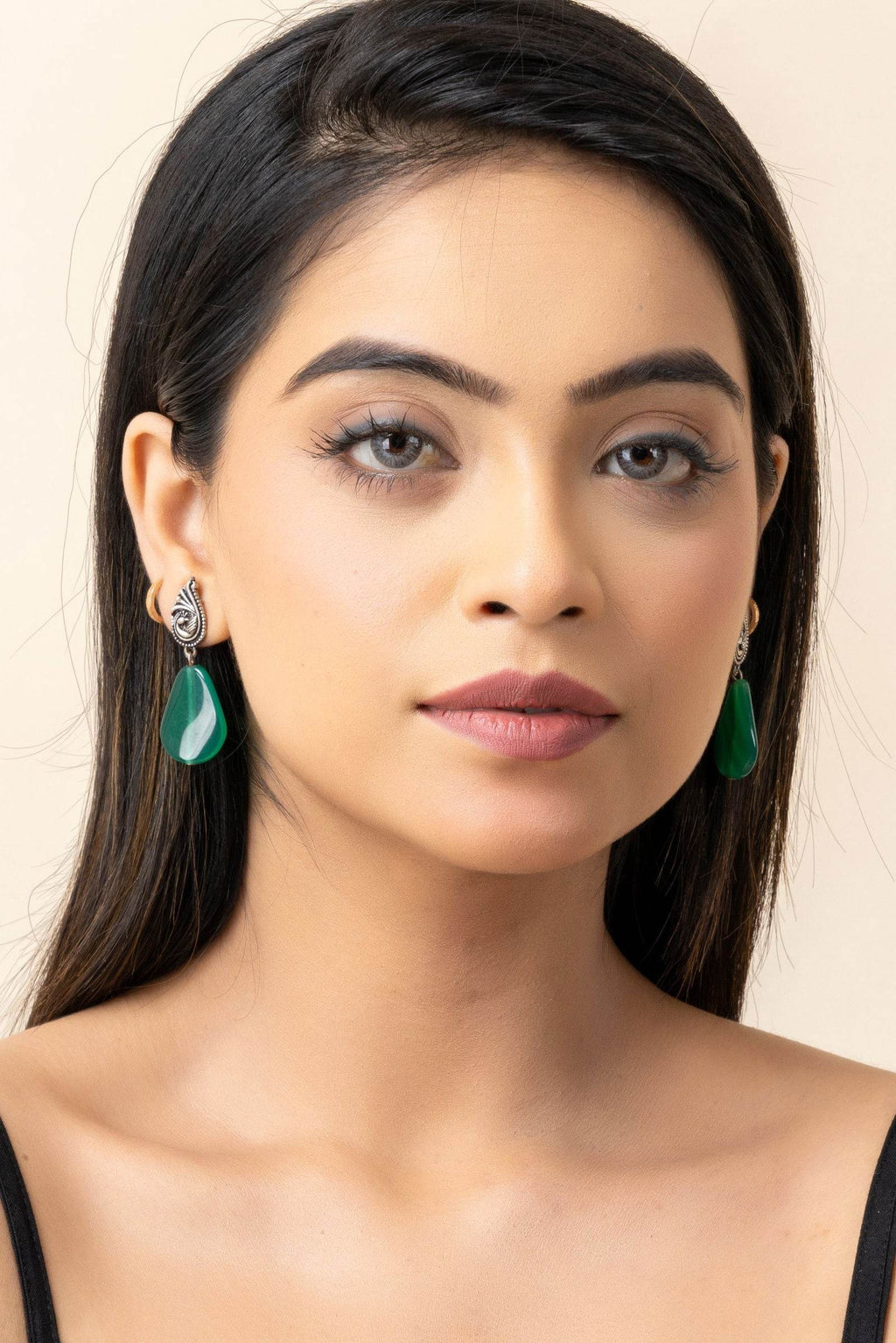 Oxidized German Silver Peacock Stud Green Semi Precious Agate Drop Earrings - Lookandadorn.com