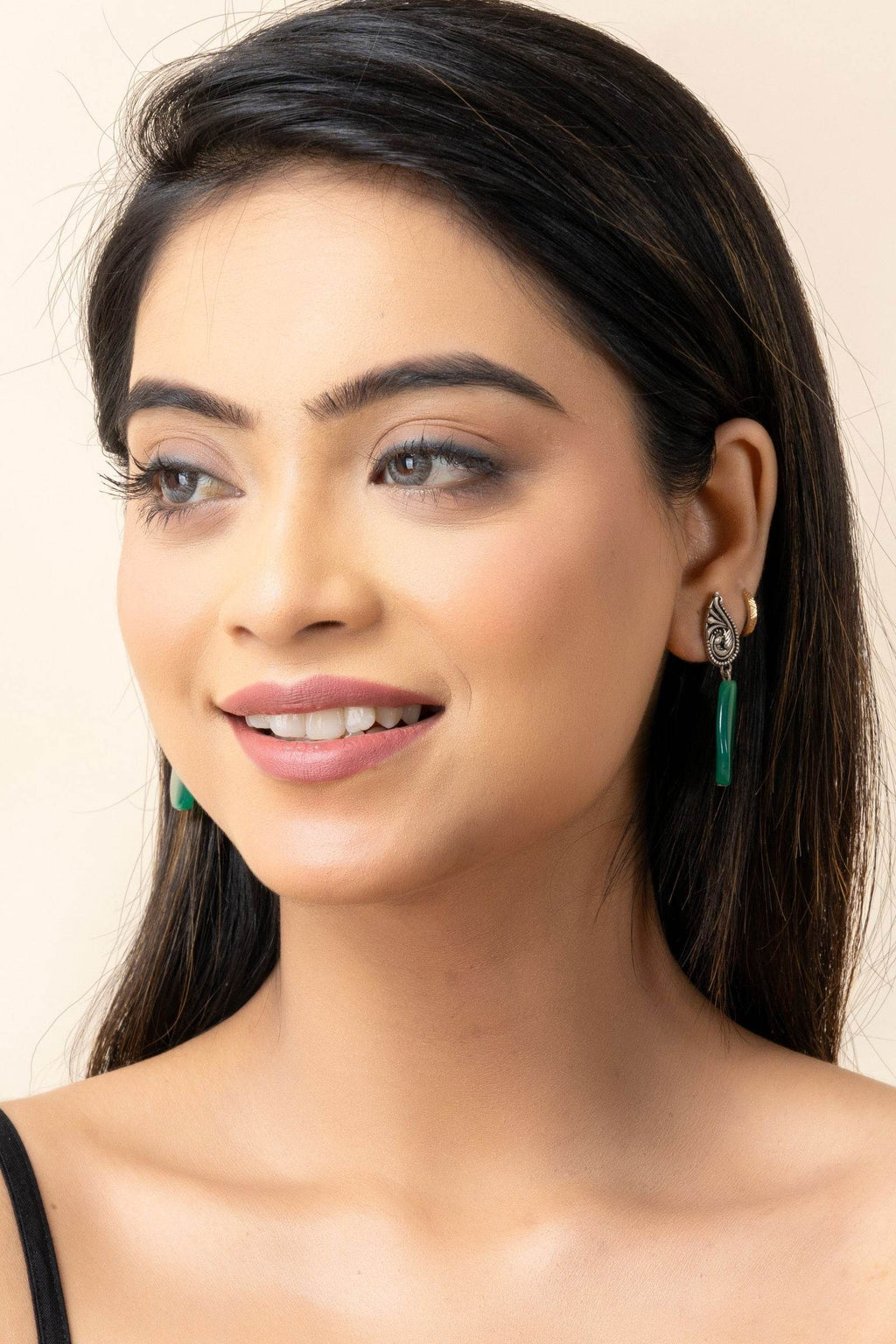 Oxidized German Silver Peacock Stud Green Semi Precious Agate Drop Earrings - Lookandadorn.com