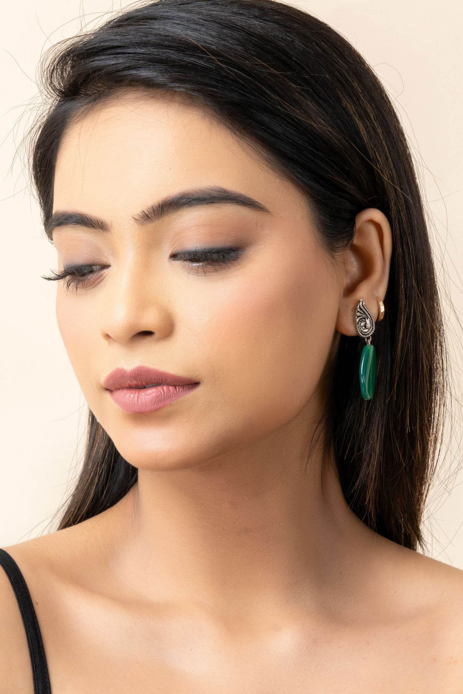 Oxidized German Silver Peacock Stud Green Semi Precious Agate Drop Earrings - Lookandadorn.com