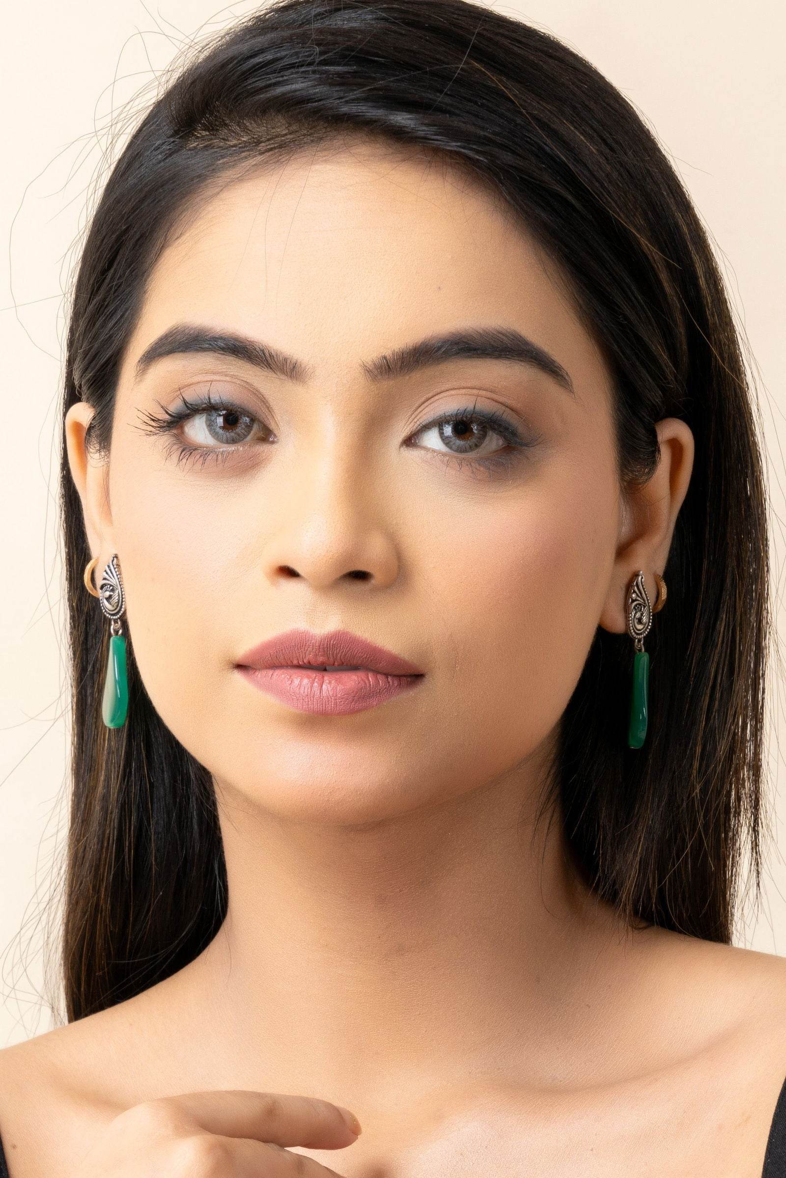 Oxidized German Silver Peacock Stud Green Semi Precious Agate Drop Earrings - Lookandadorn.com