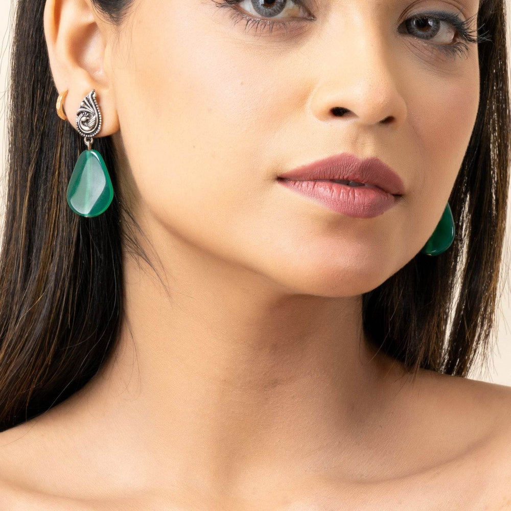 Oxidized German Silver Peacock Stud Green Semi Precious Agate Drop Earrings - Lookandadorn.com