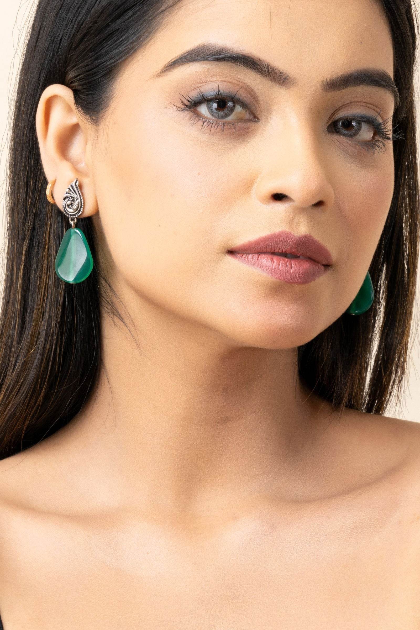 Oxidized German Silver Peacock Stud Green Semi Precious Agate Drop Earrings - Lookandadorn.com