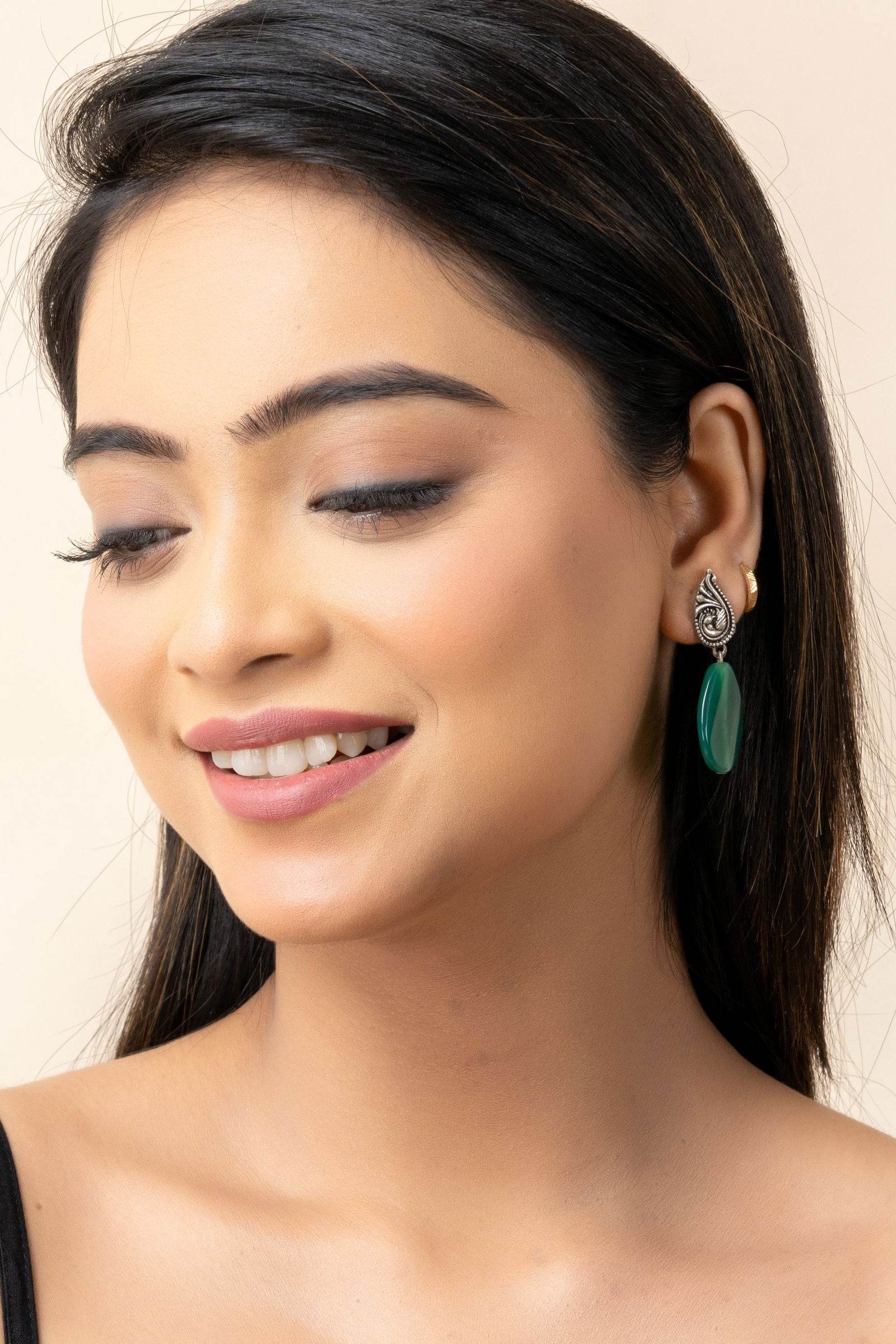 Oxidized German Silver Peacock Stud Green Semi Precious Agate Drop Earrings - Lookandadorn.com