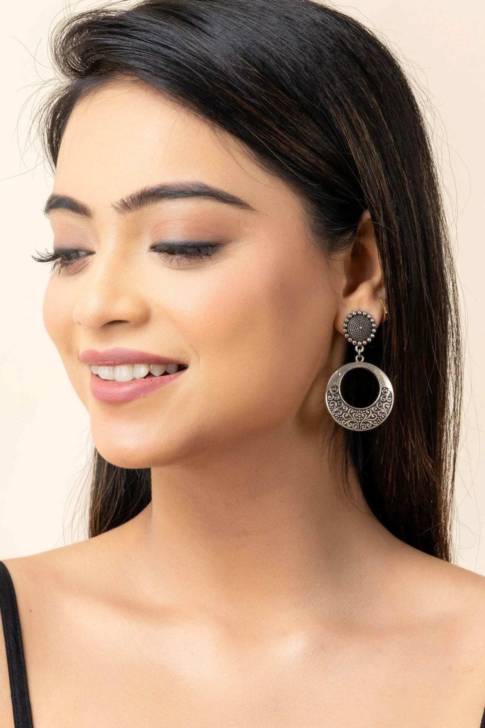 Oxidized German Silver Round Stud Chandbali Earrings - Lookandadorn.com