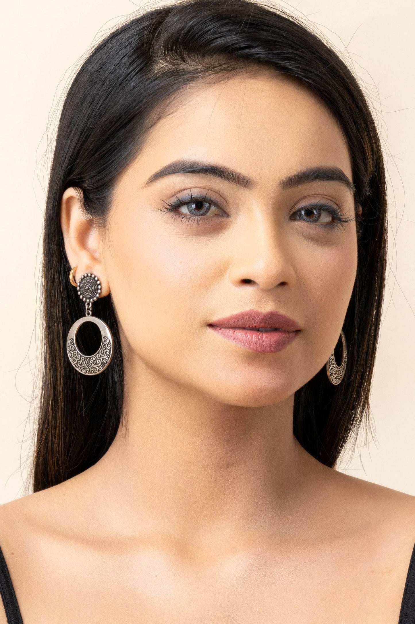 Oxidized German Silver Round Stud Chandbali Earrings - Lookandadorn.com