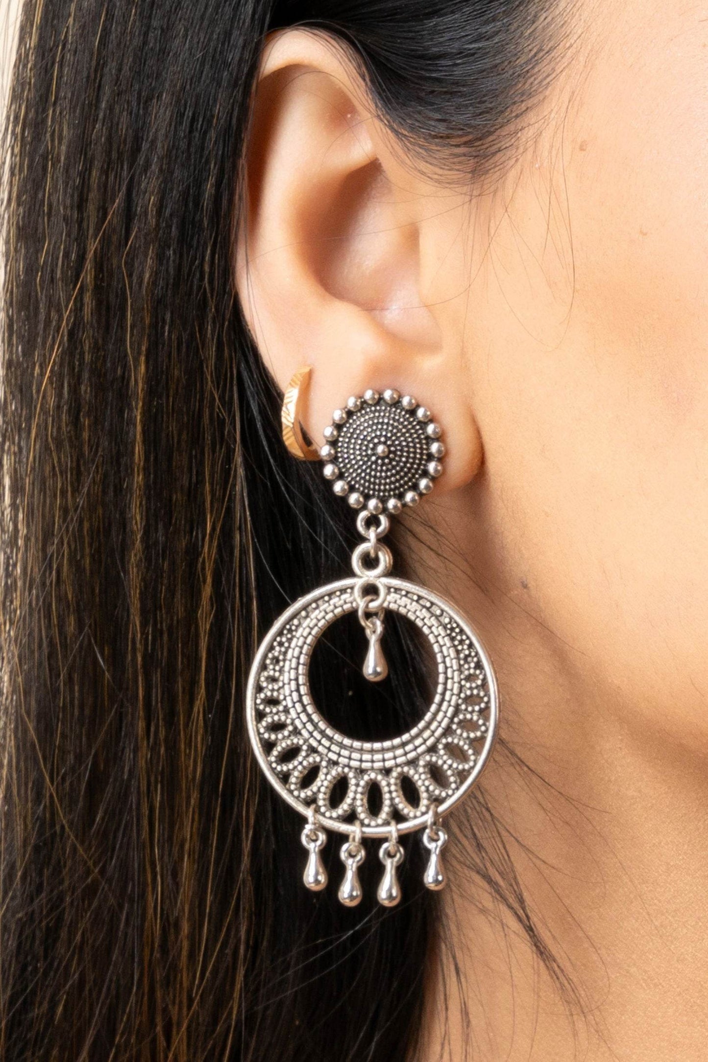Oxidized German Silver Chandbali Stud Earrings with Intricate