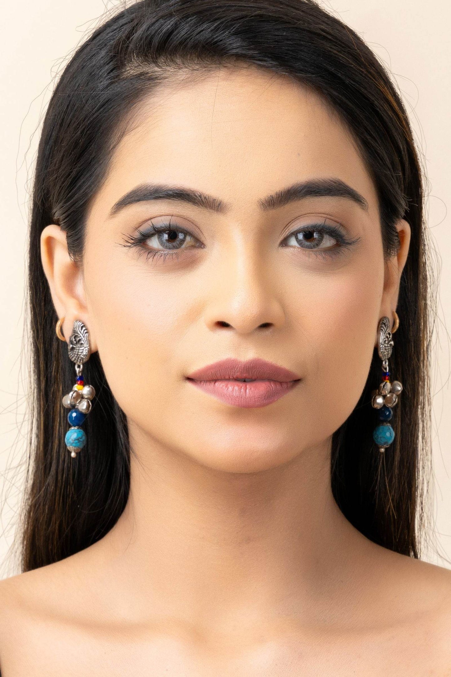 Handmade Indian Jewelry: Oxidized Peacock Stud Earrings with Semi Precious Onyx & Turquoise, Ghungroo - Lookandadorn.com