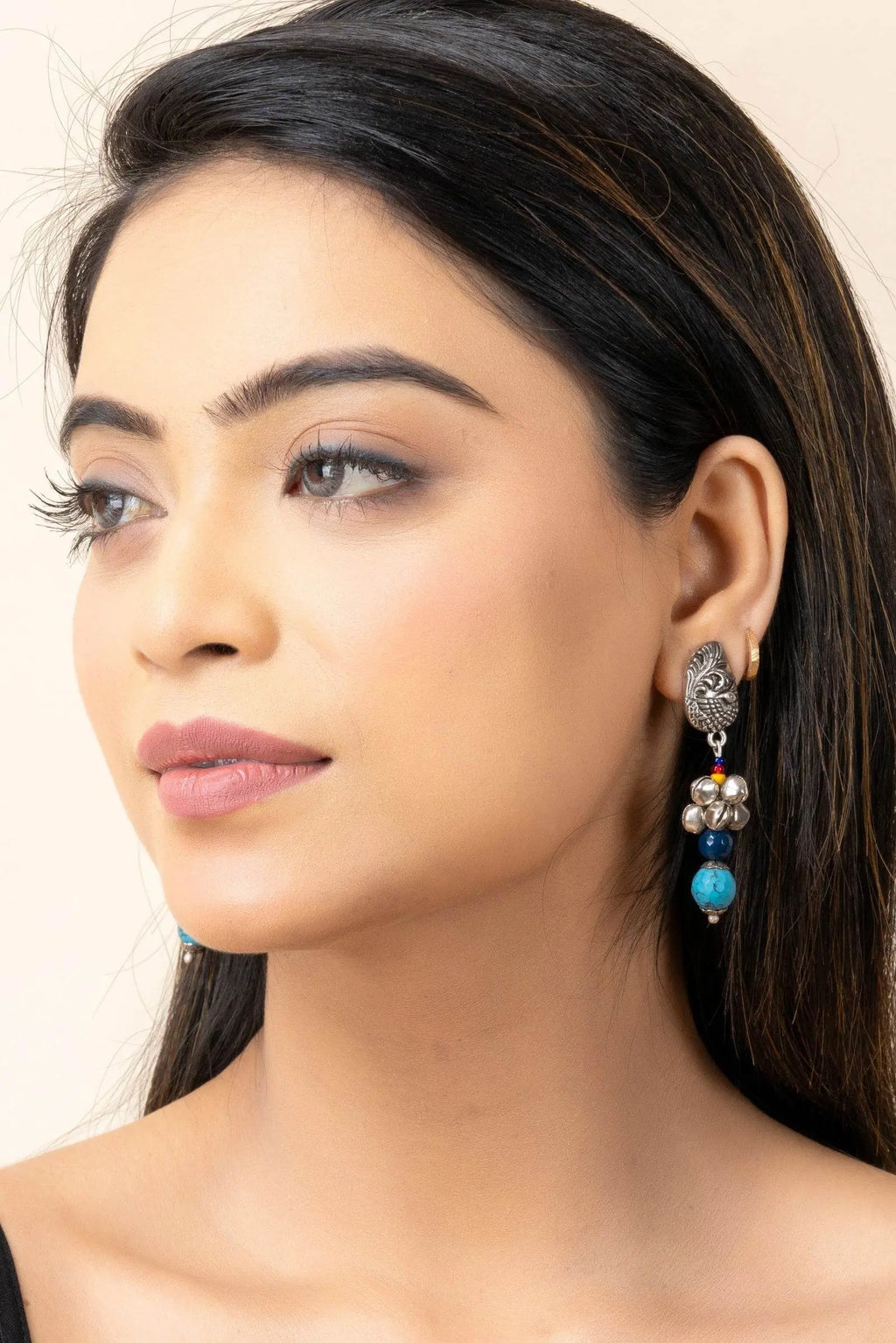 Handmade Indian Jewelry: Oxidized Peacock Stud Earrings with Semi Precious Onyx & Turquoise, Ghungroo - Lookandadorn.com
