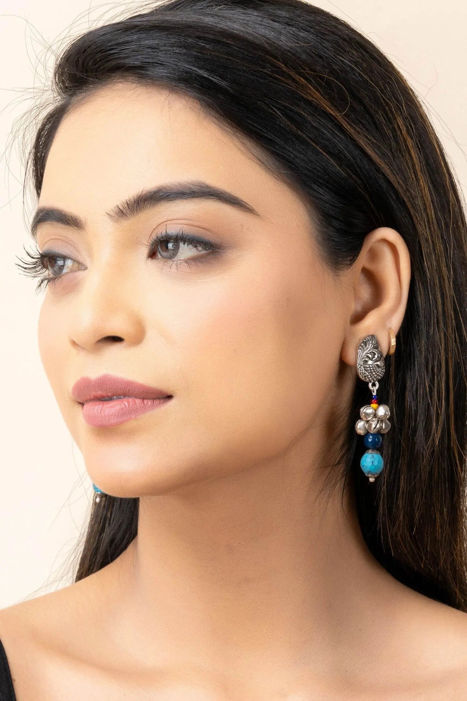 Handmade Indian Jewelry: Oxidized Peacock Stud Earrings with Semi Precious Onyx & Turquoise, Ghungroo - Lookandadorn.com