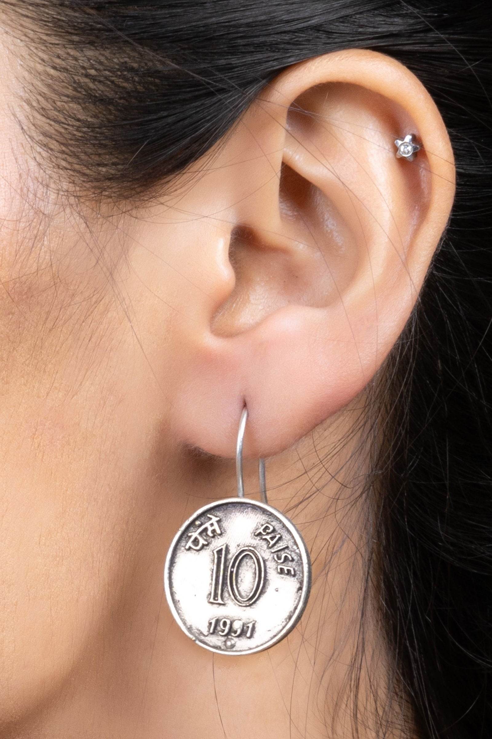 Oxidized Silver Indian 10 Paise Coin Circular Lightweight Earrings - Vintage Charm and Unique Design - Lookandadorn.com