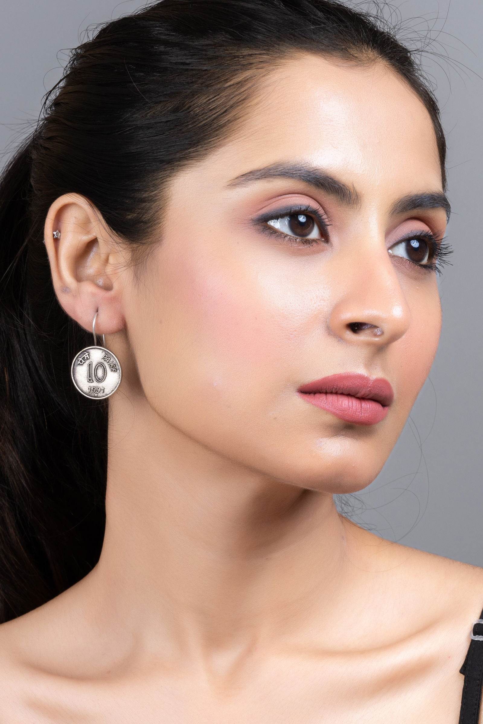 Oxidized Silver Indian 10 Paise Coin Circular Lightweight Earrings - Vintage Charm and Unique Design - Lookandadorn.com