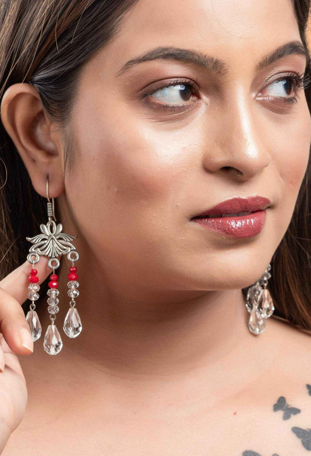 Handmade German Silver White Red Drop Crystal Earrings