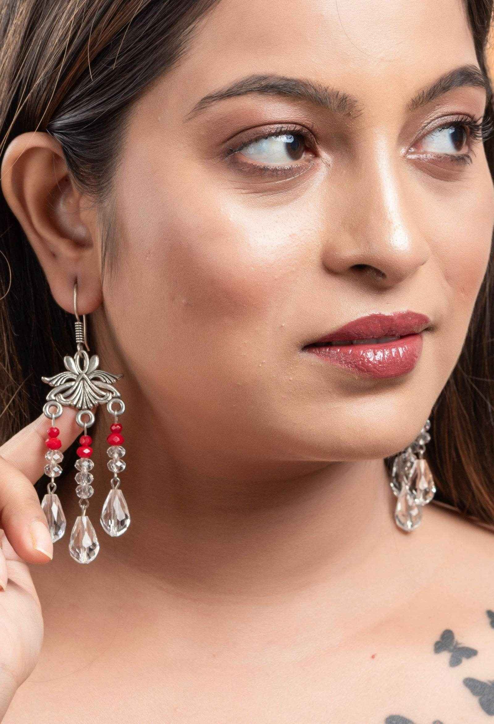 Handmade German Silver White Red Drop Crystal Earrings