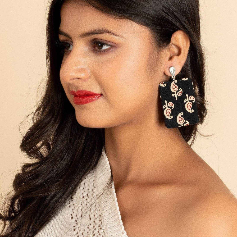 Handmade Ajrakh Design Fabric with German Silver Stud Earrings - Non-Allergic Plating Jewelry, Perfect for Gifting - Lookandadorn.com