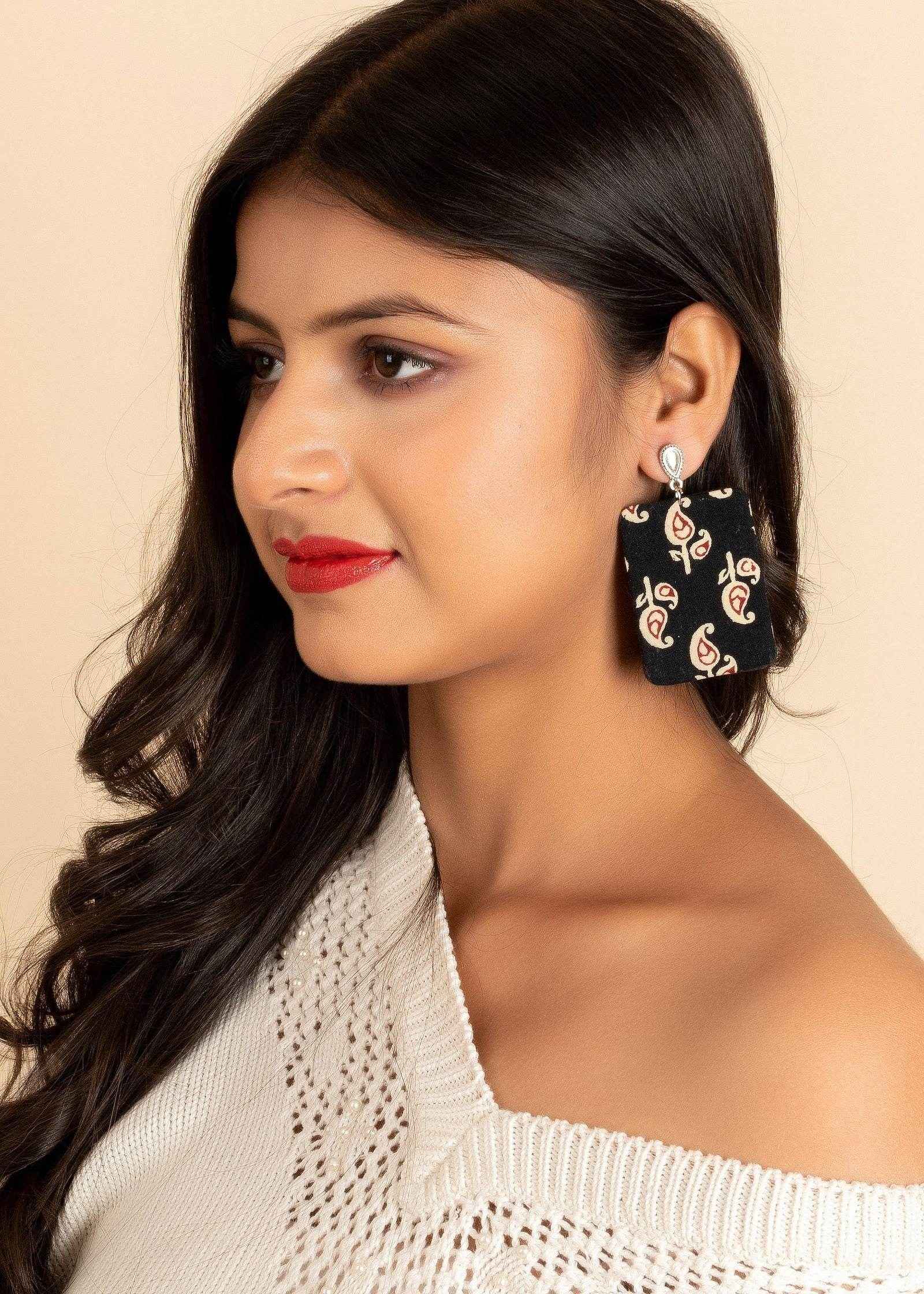 Handmade Ajrakh Design Fabric with German Silver Stud Earrings - Non-Allergic Plating Jewelry, Perfect for Gifting - Lookandadorn.com
