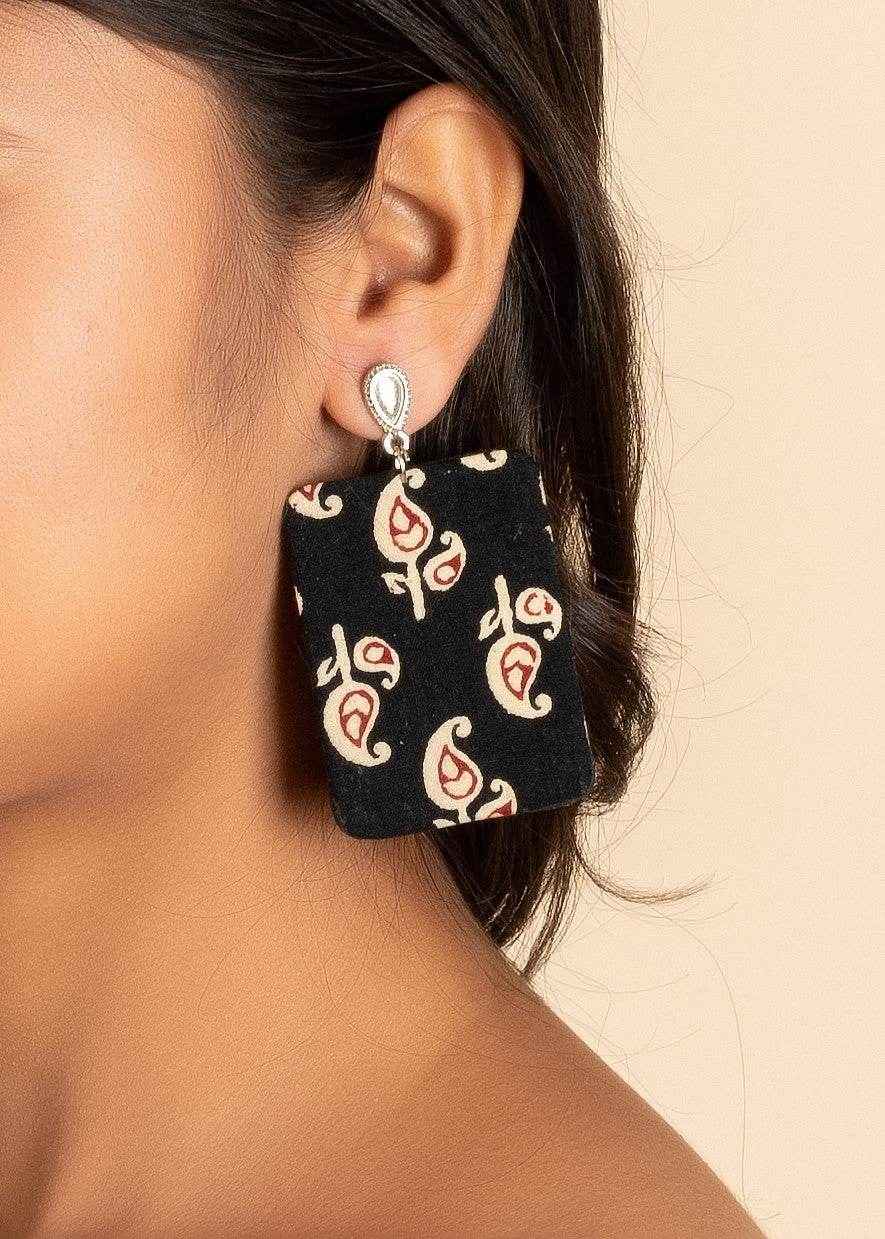 Handmade Ajrakh Design Fabric with German Silver Stud Earrings - Non-Allergic Plating Jewelry, Perfect for Gifting - Lookandadorn.com