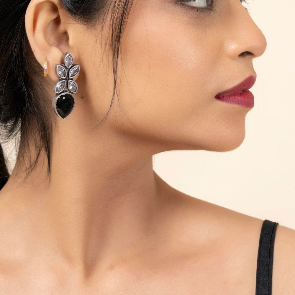Oxidized Silver Cubic Zirconia Stud Earrings in White and Black - Unique Designer Elegance - Lookandadorn.com