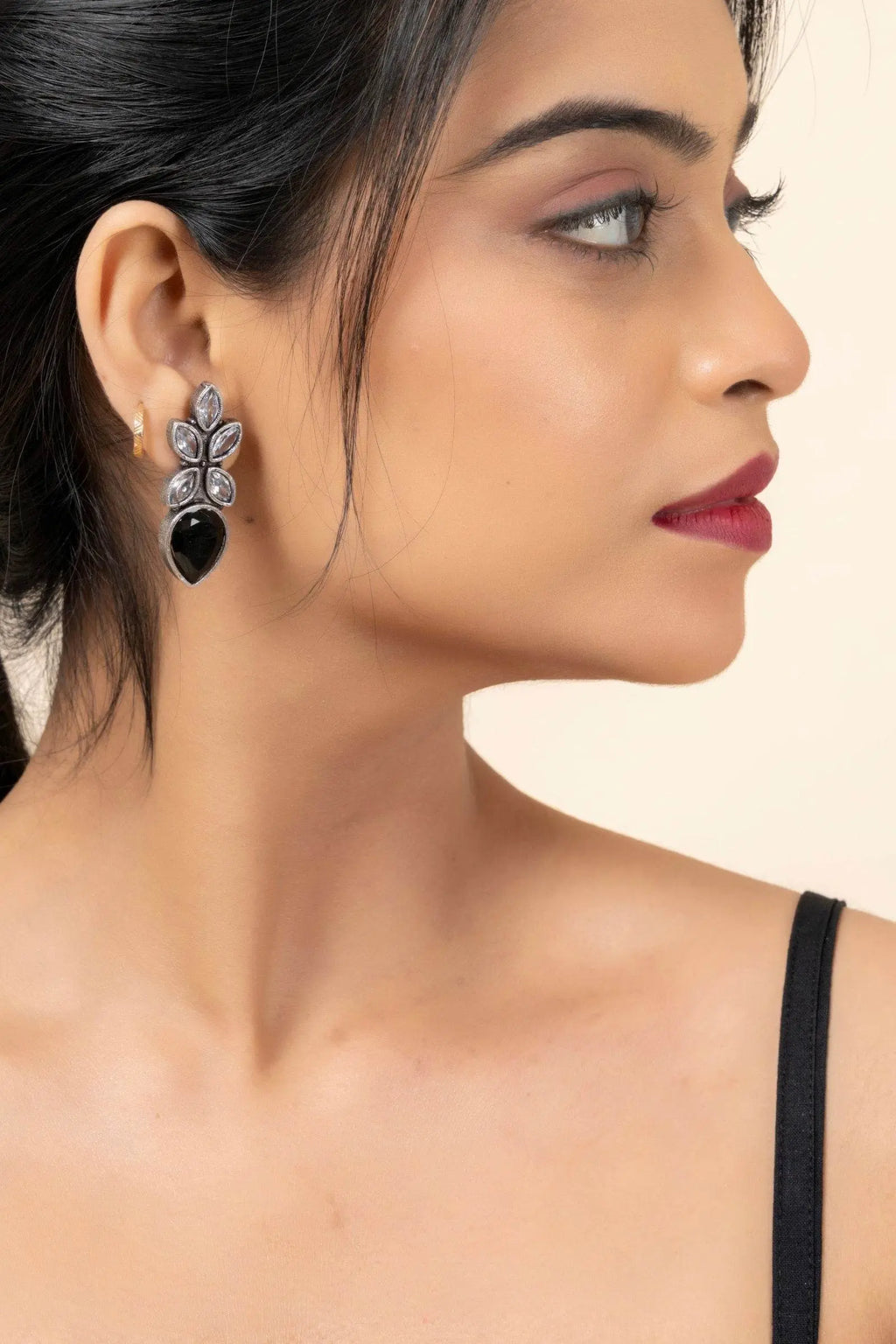 Oxidized Silver Cubic Zirconia Stud Earrings in White and Black - Unique Designer Elegance - Lookandadorn.com