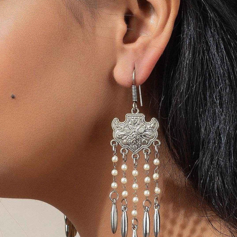 Exquisite Handmade Design German Silver Dangle with 5 Lines Pearl Earrings for Any Occasion - Lookandadorn.com